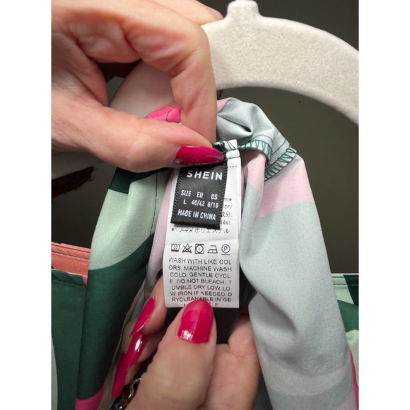 New SHEIN LUNE Allover Print Asymmetrical Neck Bishop Sleeve Blouse Large - Picture 7 of 8